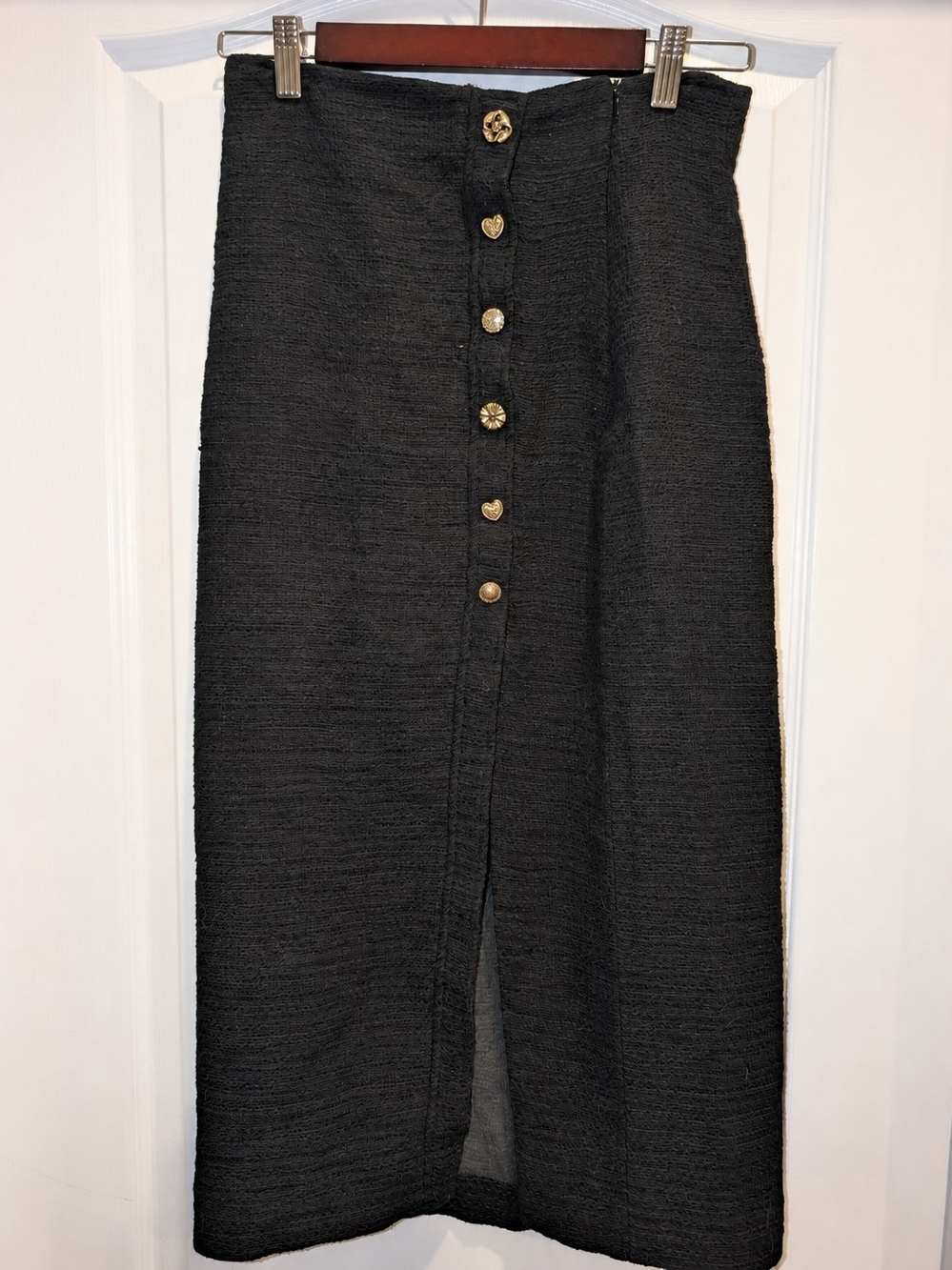 Zara Black Textured Midi Skirt S Gold Button Front Slit High Waist